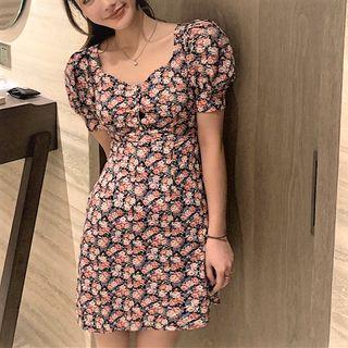 Puff-sleeve Open-back Floral Dress