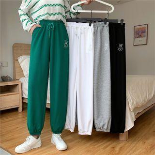 High-waist Drawstring Bear Embroidered Sweatpants