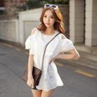 Cut-away Shoulder Eyelet-lace Top