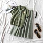 Short-sleeve Shirt / Checker A-line Midi Skirt / Tie / Set