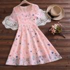 Short-sleeve Butterfly Print Square-neck Midi A-line Lace Dress