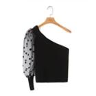 One-shoulder Dotted Mesh Panel Knit Top