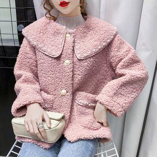 Collared Faux Pearl Single-breasted Fleece Jacket