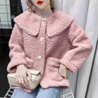 Collared Faux Pearl Single-breasted Fleece Jacket