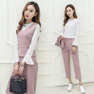 Set: Long-sleeve Top + Vest + Cropped Harem Pants