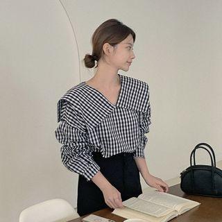 Drop-shoulder Sailor-collar Gingham Blouse