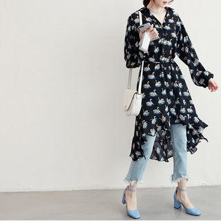 Dip-back Swan-pattern Dress With String