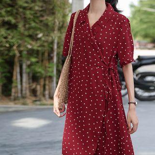 Short-sleeve Heart Print Midi Wrap Chiffon Dress