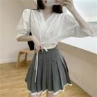 Lace Trim Elbow-sleeve Blouse / Mini Pleated Skirt