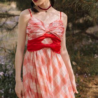 Spaghetti Strap Argyle Print Midi A-line Dress