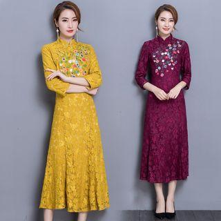3/4-sleeve Floral Embroidery Midi Dress