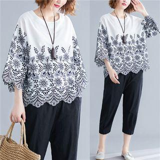 3/4-sleeve Flower Embroidered Top