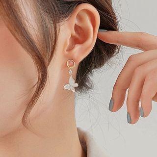 Butterfly Rhinestone Faux Pearl Asymmetrical Dangle Earring 1 Pair - Gold & White - One Size