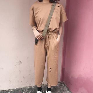 Set : Plain Short-sleeve T-shirt + Wide Leg Pants