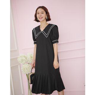 Sailor-collar Puff-sleeve Ruffle-hem Dress