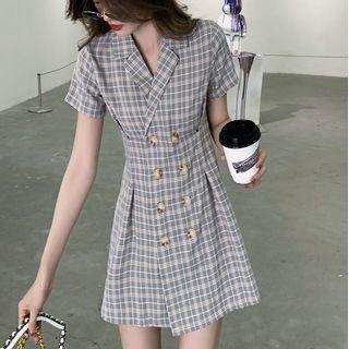 Shor-sleeve Plaid Double-breasted Shirtdress