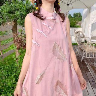 Embroidered Frog-button Sleeveless Mesh Dress