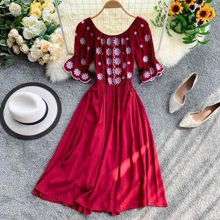 Elbow-sleeve Embroidered Flower A-line Dress