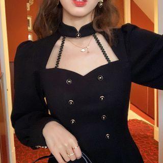 Puff-sleeve Double-breasted Cutout Midi A-line Dress