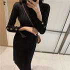 Plain Long-sleeve Slim-fit Knit Dress Black - One Size
