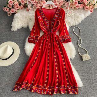 V Neck Embroidered Long Sleeve Dress