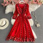 V Neck Embroidered Long Sleeve Dress