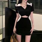 Short-sleeve Two-tone Cutout Half-zip Polo Bodycon Dress