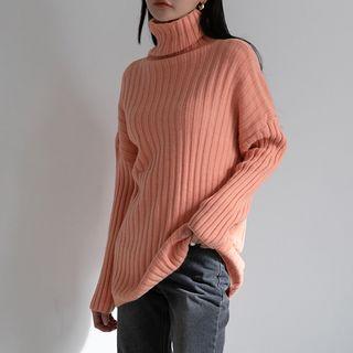 High-neck Drop-shoulder Ribbed Sweater