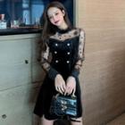 Puff-sleeve Snowflake Print A-line Velvet Dress