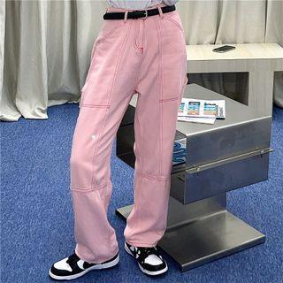 Straight Leg Plain Quilted Jeans With Belt