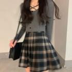 Long-sleeve Top / Plaid Pleated Mini A-line Skirt