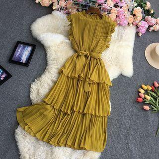 Sleeveless Layered Accordion Pleat Midi A-line Dress
