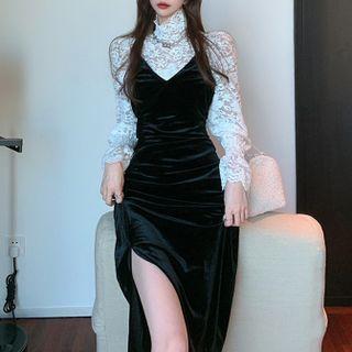 Mock Neck Lace Top / Strappy Midi Sheath Dress