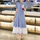 Two-tone Collared Short-sleeve Midi A-line Dress