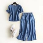 Set: Denim Short-sleeve T-shirt + Wide Leg Jeans