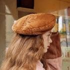 Letter Embroidered Furry Beret Camel - One Size