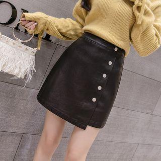 Buttoned Faux Leather Mini A-line Skirt