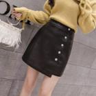 Buttoned Faux Leather Mini A-line Skirt