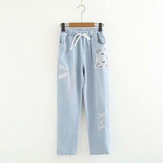 Cat Applique Straight-cut Jeans