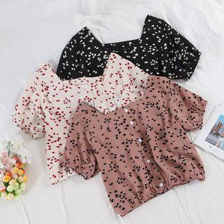 Square-neck Heart Puff-sleeve Shirt