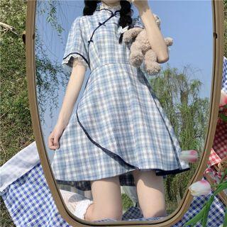 Elbow-sleeve Plaid Mandarin Collar Mini A-line Dress