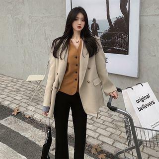 Double-breasted Plain Blazer / Mock Two Piece Striped Panel Blouse / Knit Pants
