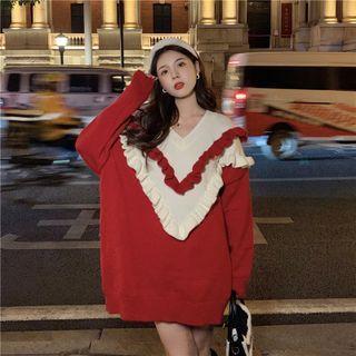 V-neck Two-tone Frill Trim Sweater Red - One Size