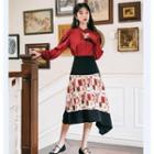 Lantern-sleeve Tie-neck Blouse / Printed A-line Midi Skirt