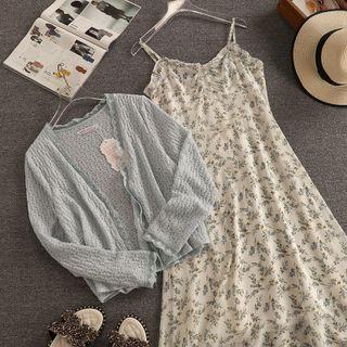 Set: Spaghetti Strap Floral Print Midi A-line Dress + Cardigan