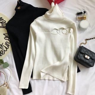 Turtleneck Cutout Hoop Accent Sweater