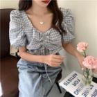 Square Neck Gingham Drawstring Crop Shirt
