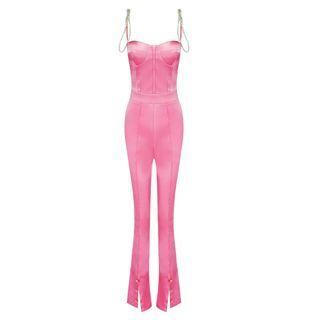 Rhinestone Strap Satin Jumpsuit