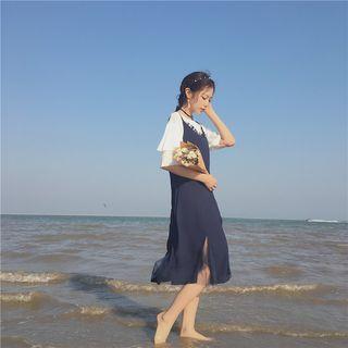 Plain Elbow Sleeve T-shirt / Spaghetti Strap Midi Dress