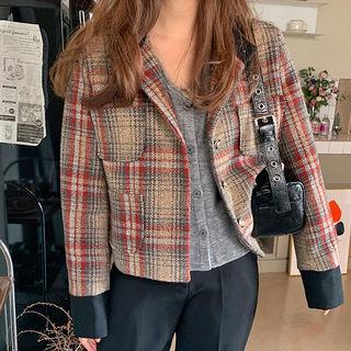High-neck Plaid Short Jacket